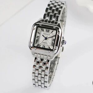 Women Silver tone Stainless steel Rhinestone Bezel Square Watch